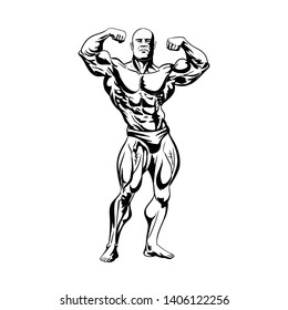 old-school bodybuilder shows biceps. vector illustration
