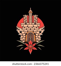 oldschool castle tattoo vector design