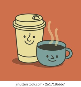Old-School Coffee Cheers A Vector Depiction of Smiling Cups in Harmony