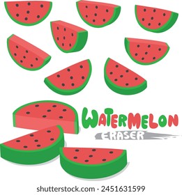 Old-school, cute watermelon eraser: small, vibrant, with green skin and a juicy, pinkish-red center. It's perfect for erasing mistakes with a smile.