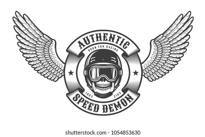 Oldschool  emblem with wings, skull in racing helmet and round heraldic ribbon.