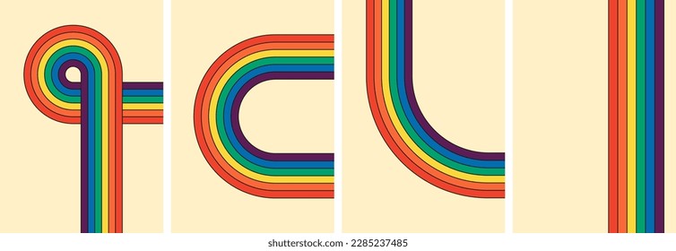 Old-school funky rainbow colored striped poster set. Collection of geometric rainbow tracks inspired by hippie era. Diverse abstract iridescent stripes that embody vintage hippy style. Vector backdrop