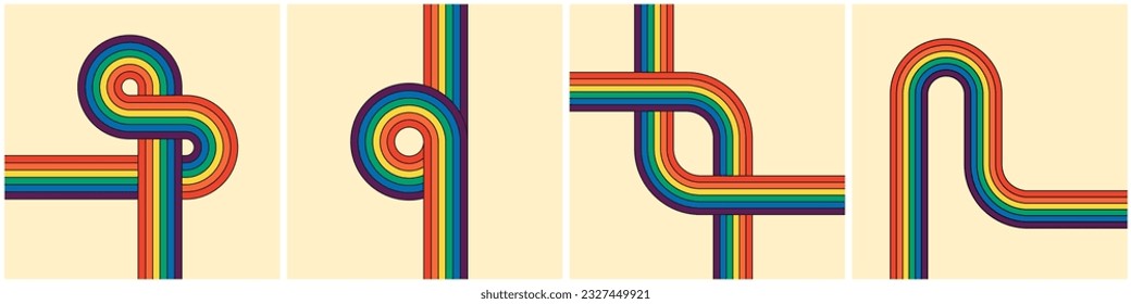 Old-school funky rainbow colored striped square poster set. Collection of geometric rainbow tracks inspired by hippie era. Diverse abstract iridescent stripes. Embody vintage hippy style. Eps backdrop