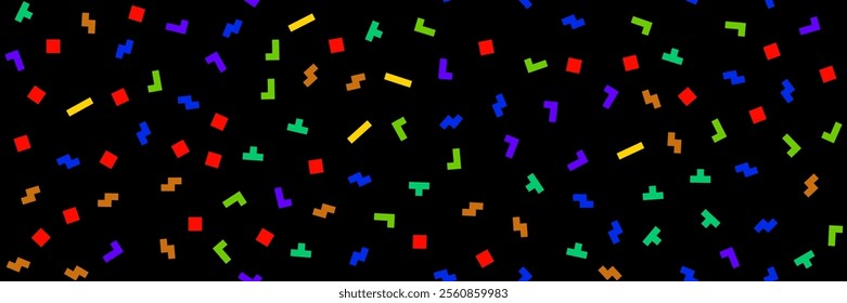 Old-school geek pixel leisure game seamless bg with tetramino shapes. Simple vector kid brick pattern on black background.