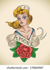 Old-school Navy Tattoo Of A Pinup Lady With A Red Rose. Editable Vector Illustration.