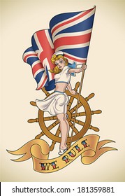 Old-school navy tattoo of a pin-up lady with the Union Jack in her hand. Editable vector illustration.
