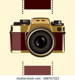 An old-school photo camera in gold-vinous colors