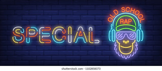 Oldschool rap neon sign. Monkey in sunglasses listening to music in headphones on brick wall. Vector illustration in neon style for special concert banner or rap battle