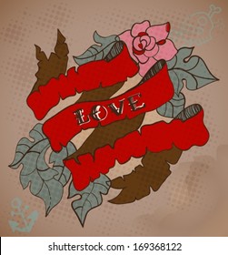 Old-school style tattoo card with flowers and ribbon, Valentine illustration for Holiday design, vector