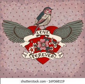 Old-school Style Tattoo Heart With Flowers And Bird, Vintage Valentine Illustration For Holiday Design, Vector