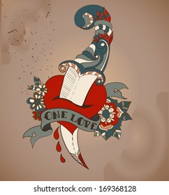 Old-school style tattoo heart with flowers and dagger, Valentine illustration for Holiday design, vector