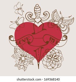 Old-school style tattoo heart with flowers and dagger, Valentine illustration for Holiday design, vector