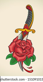 Old-school styled tattoo of a dagger through rose. Editable vector illustration.