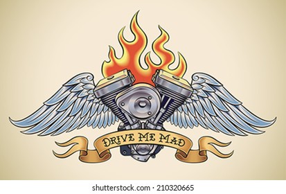 Old-school Styled Tattoo Of A Flaming Motorcycle Engine With Steel Wings. Editable Vector Illustration.