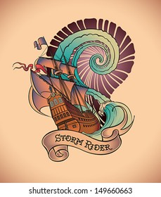 Old-school styled tattoo of a galleon on the background of a great water swirl. Editable vector illustration.