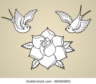 Old-school Styled Tattoo Outline With Swallows And Rose. Set Of Old School Tattoo Elements (swallow/sparrow Birds And A Rose). Tattoo Swallow Birds And Tattoo Rose Flower Outline Vector.