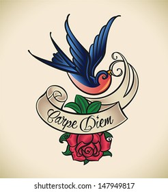 Tatuaje de estilo de la vieja escuela con una golondrina, pancarta y rosa. Ilustración vectorial editable.