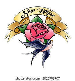 Old-school styled tattoo of a swallow with rose and New Hope banner isolated on white. Vector illustration.