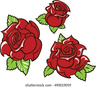Old-school styled tattoo of three red roses with green leaves.
