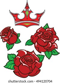 Old-school styled tattoo of three red roses with green leaves and red crown.