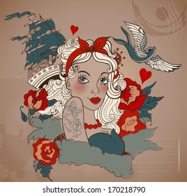 Old-school styled tattoo woman with bird and ship, Valentine illustration for Holiday design, VECTOR