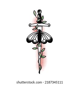 Oldschool tattoo design concept. Moth and sword with leaves tattoo design. 