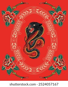 oldschool tattoo flash illustration vector design. exclusive and unique design, hybrid snake with panther head, handmade vector design