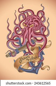 Old-school tattoo of an octopus tied around the sinking anchor. Editable vector illustration.