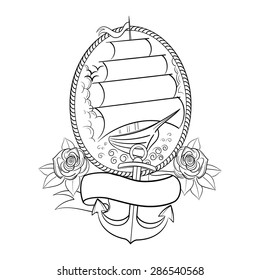 old-school tattoo style ship outline vector illustration with place for your text