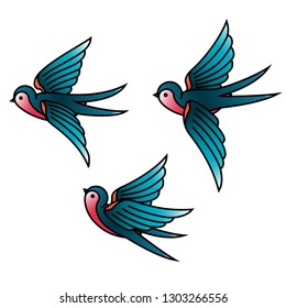 Oldschool Traditional Tattoo Vector Birds. Flying swallows