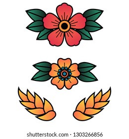Oldschool Traditional Tattoo Vector Flowers with 5 Petals