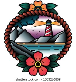 Oldschool Traditional Tattoo Vector Lighthouse in a Sunset