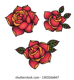 Oldschool Traditional Tattoo Vector Red Roses with leaves