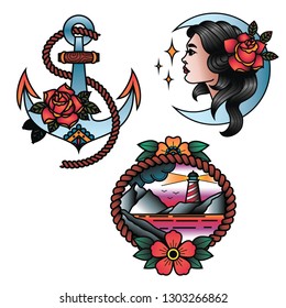 Oldschool Traditional Tattoo Vector Set. Girk, Anchor and Lighthouse