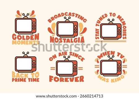 Old-School TV Illustrations with Catchy Typography. Retro TV Quote Badge Set. Vintage Television Nostalgia Graphics