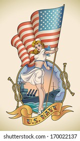 Old-school US Navy tattoo of a sensual pin-up lady with the flag in her hand. Editable vector illustration.