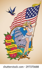 Old-school US Navy Tattoo Of A Sensual Woman Sailor With The US Flag In Her Hands. Editable Vector Illustration.