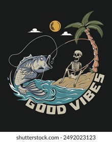 Oldschool vintage vector design of a skull fishing on the beach