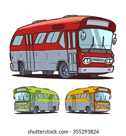 Old-style City Bus isolated on white background. Classic American Bus. Cartoon illustration