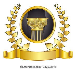 old-style greece column and gold laurel wreathgold laurel wreath. eps10 vector illustration