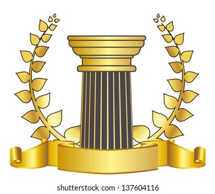 old-style greece column and gold laurel wreathgold laurel wreath. eps10 vector illustration