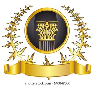 old-style greece column and gold laurel wreathgold laurel wreath. eps10 vector illustration