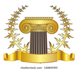 old-style greece column and gold laurel wreathgold laurel wreath. eps10 vector illustration