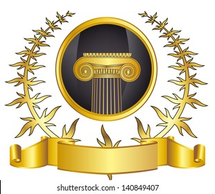 old-style greece column and gold laurel wreathgold laurel wreath. eps10 vector illustration