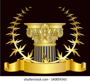 old-style greece column and gold laurel wreathgold laurel wreath. eps10 vector illustration