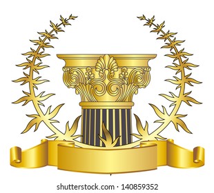 old-style greece column and gold laurel wreathgold laurel wreath. eps10 vector illustration