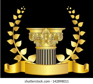 old-style greece column and gold laurel wreathgold laurel wreath. eps10 vector illustration