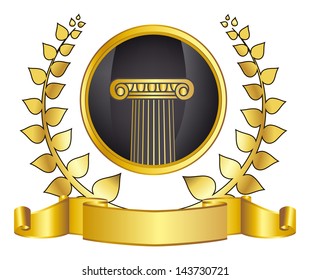 old-style greece column and gold laurel wreathgold laurel wreath. eps10 vector illustration