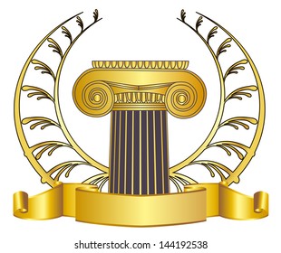 old-style greece column and gold laurel wreath. eps10 vector illustration