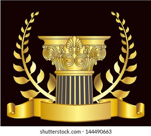 old-style greece column and gold laurel wreath. eps10 vector illustration